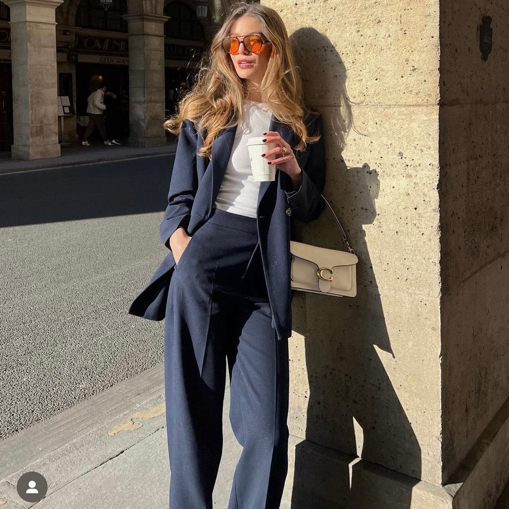 ZARA WOMAN TAILORED SET DOUBLE BREASTED BLAZER JACKET + PANTS NAVY BLUE - Picture 2 of 10